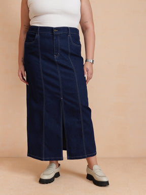 Women Navy Peplum Top With Denim Midi Skirt