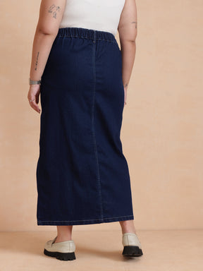 Women Navy Peplum Top With Denim Midi Skirt