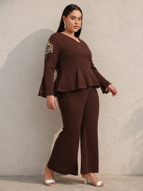 Brown Front Button Top With Bell Bottom Pants-SASSAFRAS Curve