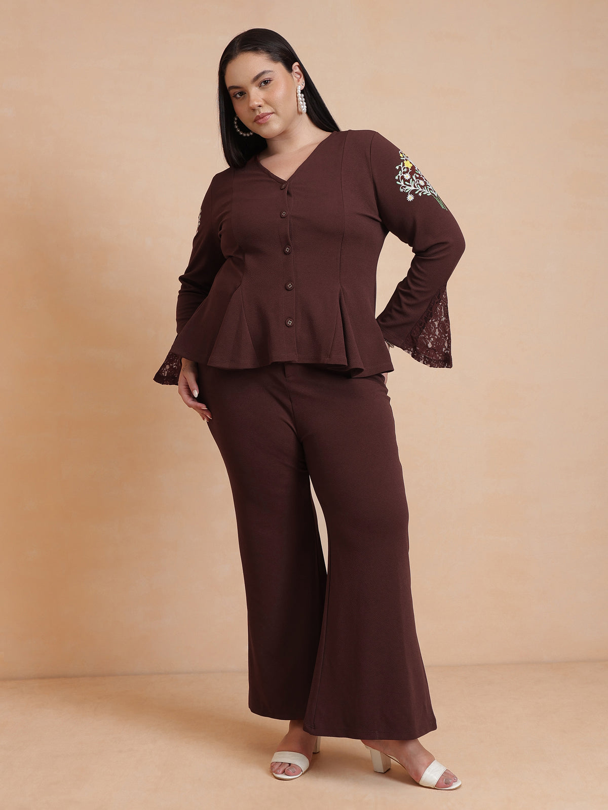 Brown Front Button Top With Bell Bottom Pants-SASSAFRAS Curve