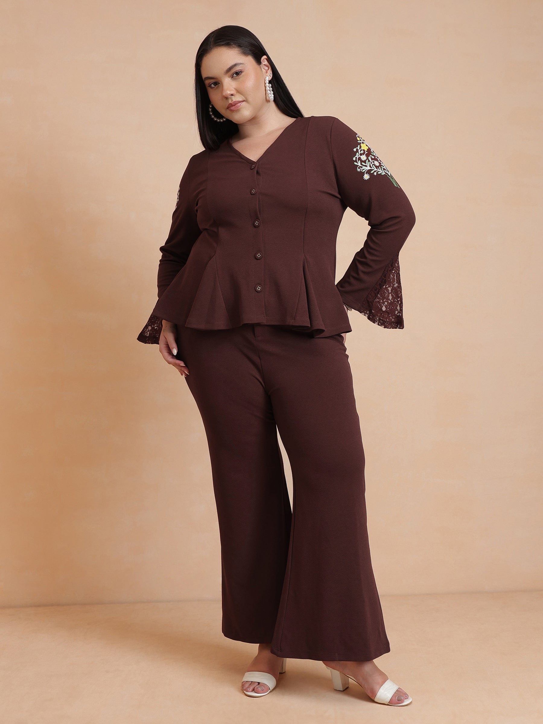 Brown Front Button Top With Bell Bottom Pants-SASSAFRAS Curve