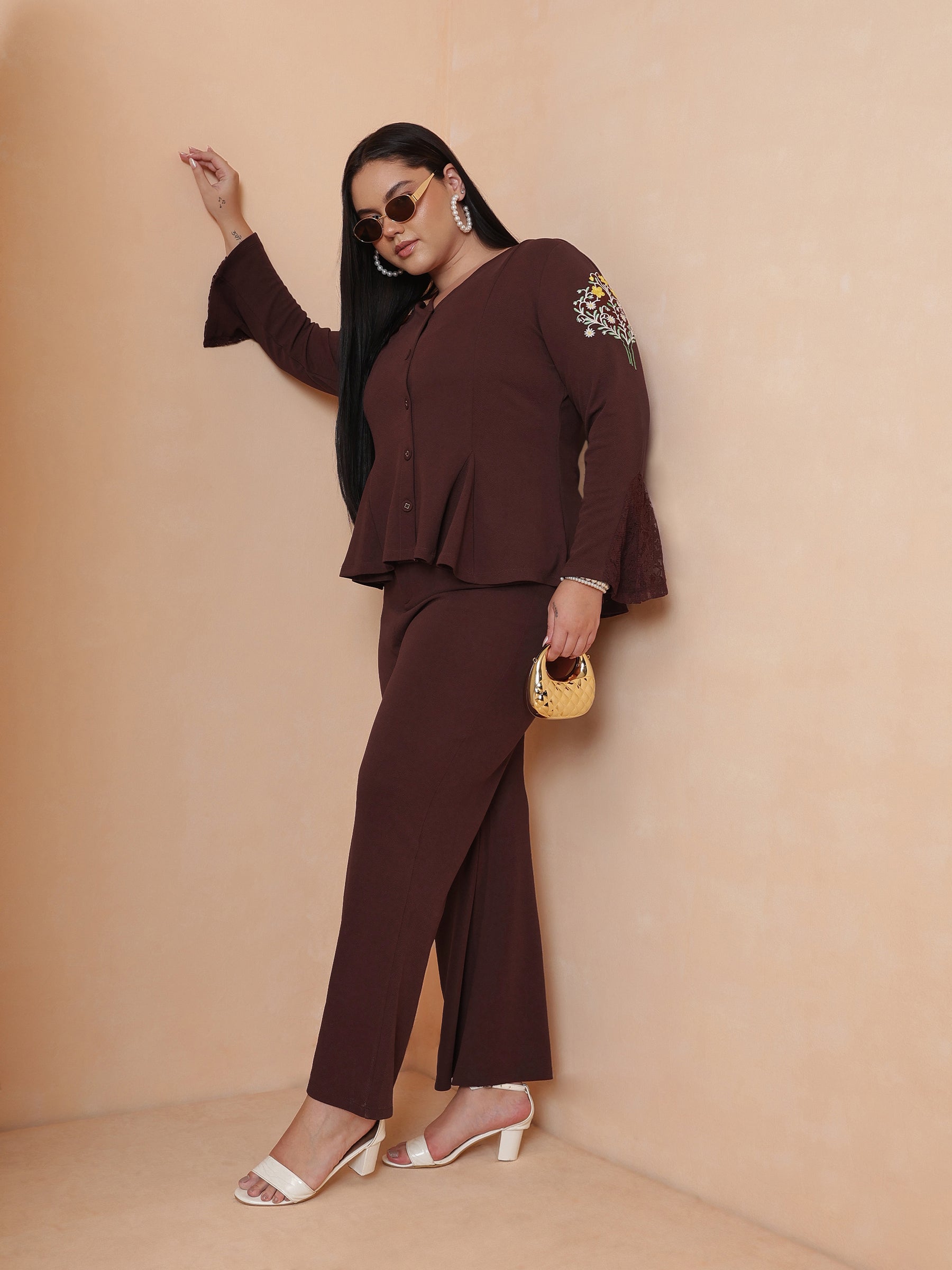 Brown Front Button Top With Bell Bottom Pants-SASSAFRAS Curve