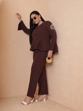Brown Front Button Top With Bell Bottom Pants-SASSAFRAS Curve