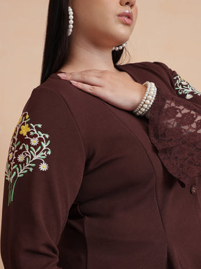 Brown Front Button Top With Bell Bottom Pants-SASSAFRAS Curve