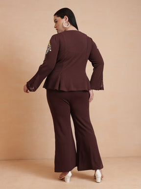 Brown Front Button Top With Bell Bottom Pants-SASSAFRAS Curve