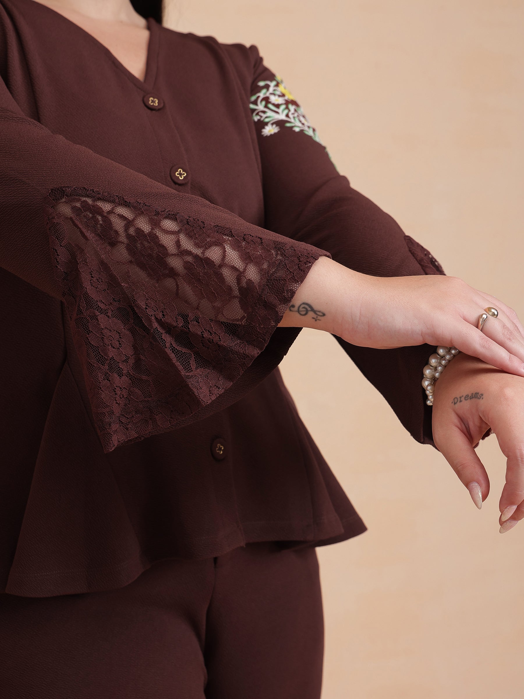 Women Brown Front Button Top With Bell Bottom Pants