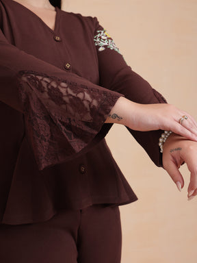 Women Brown Front Button Top With Bell Bottom Pants