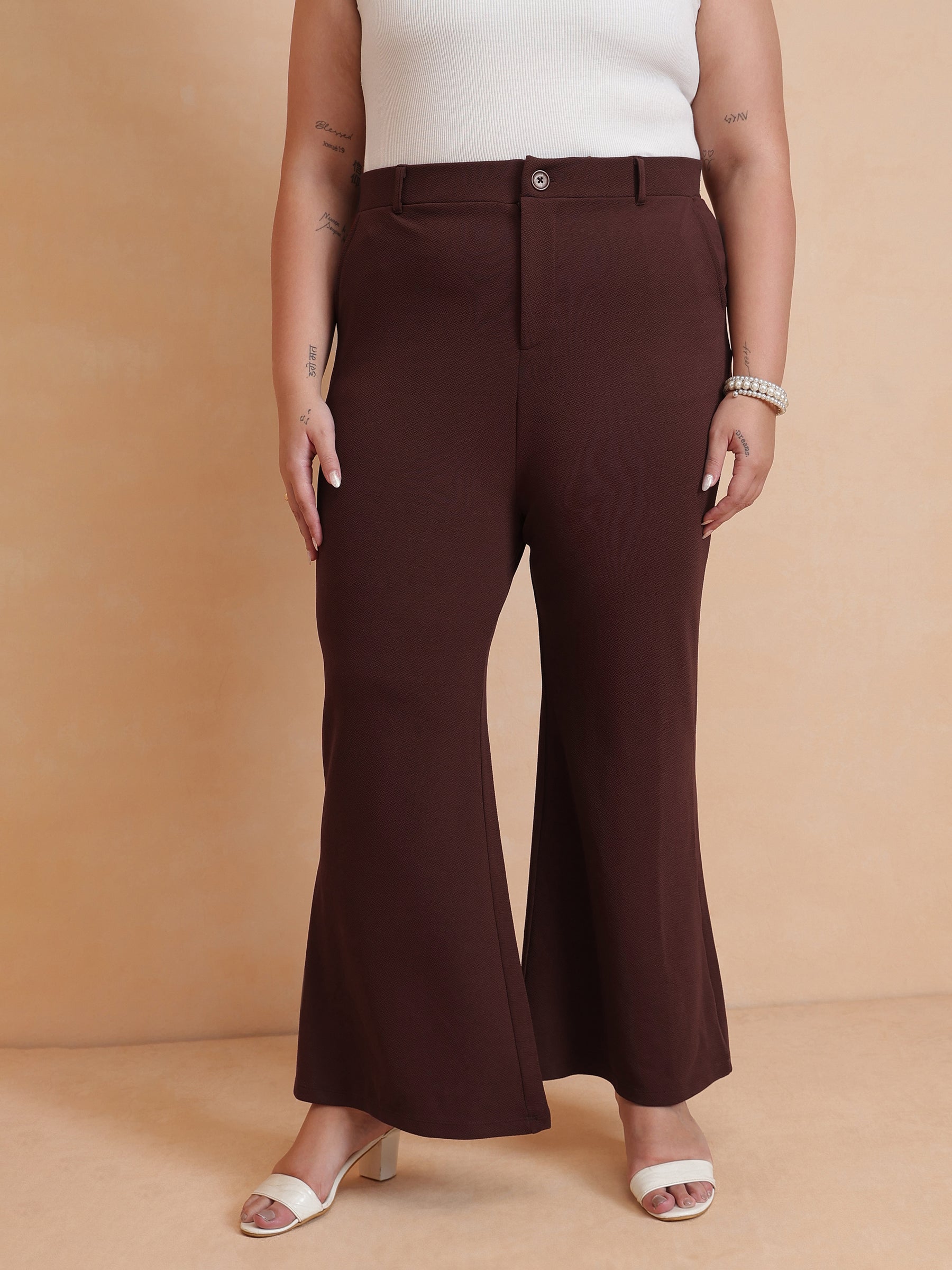 Women Brown Front Button Top With Bell Bottom Pants