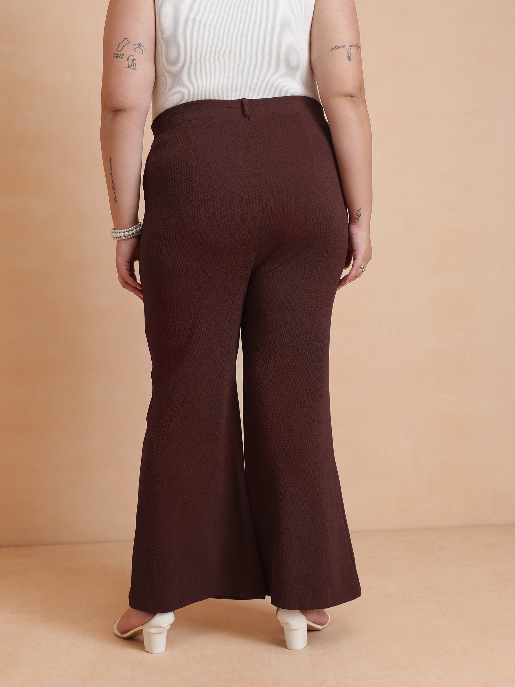Women Brown Front Button Top With Bell Bottom Pants