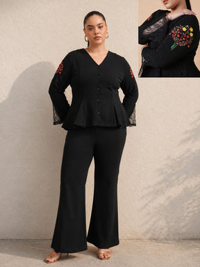 Black Front Button Top With Bell Bottom Pants-SASSAFRAS Curve