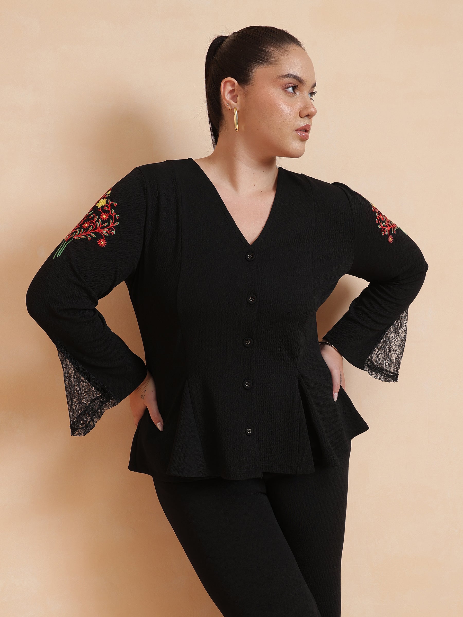 Black Front Button Top With Bell Bottom Pants-SASSAFRAS Curve