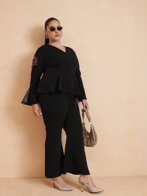Black Front Button Top With Bell Bottom Pants-SASSAFRAS Curve