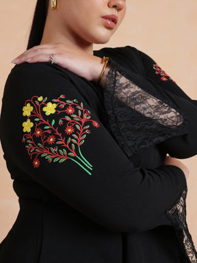 Black Front Button Top With Bell Bottom Pants-SASSAFRAS Curve