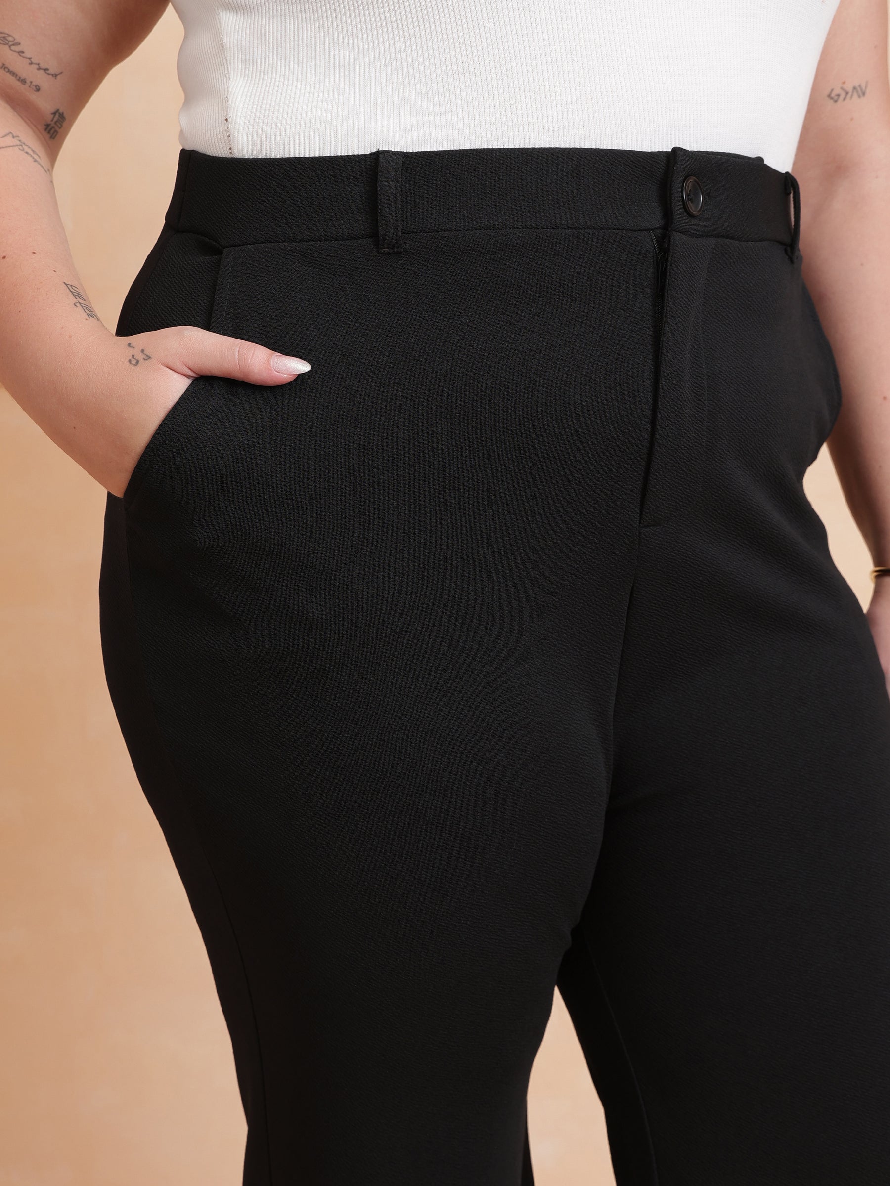 Black Front Button Top With Bell Bottom Pants-SASSAFRAS Curve