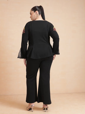 Women Black Front Button Top With Bell Bottom Pants