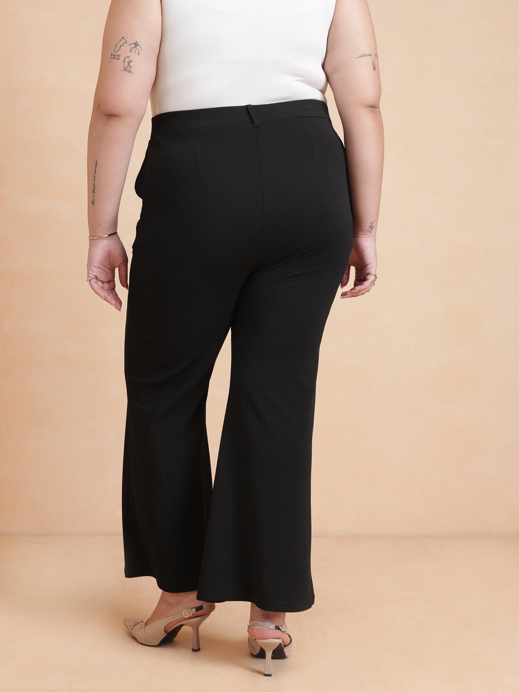 Women Black Front Button Top With Bell Bottom Pants