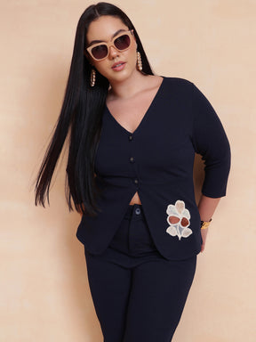 Navy Front Button Top With Pants-SASSAFRAS Curve