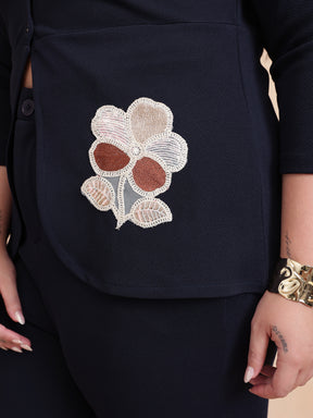 Navy Front Button Top With Pants-SASSAFRAS Curve