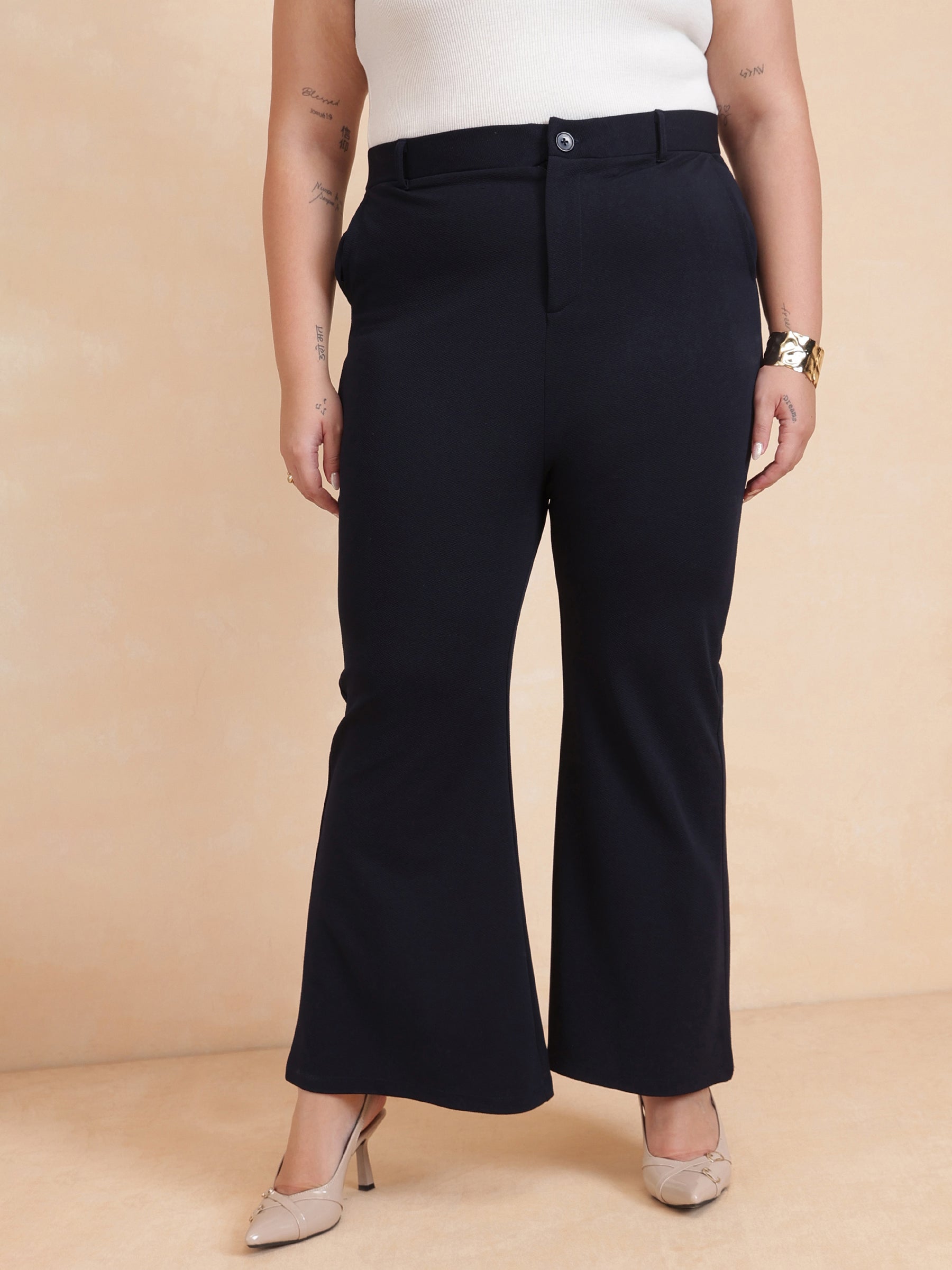 Women Navy Front Button Top With Pants