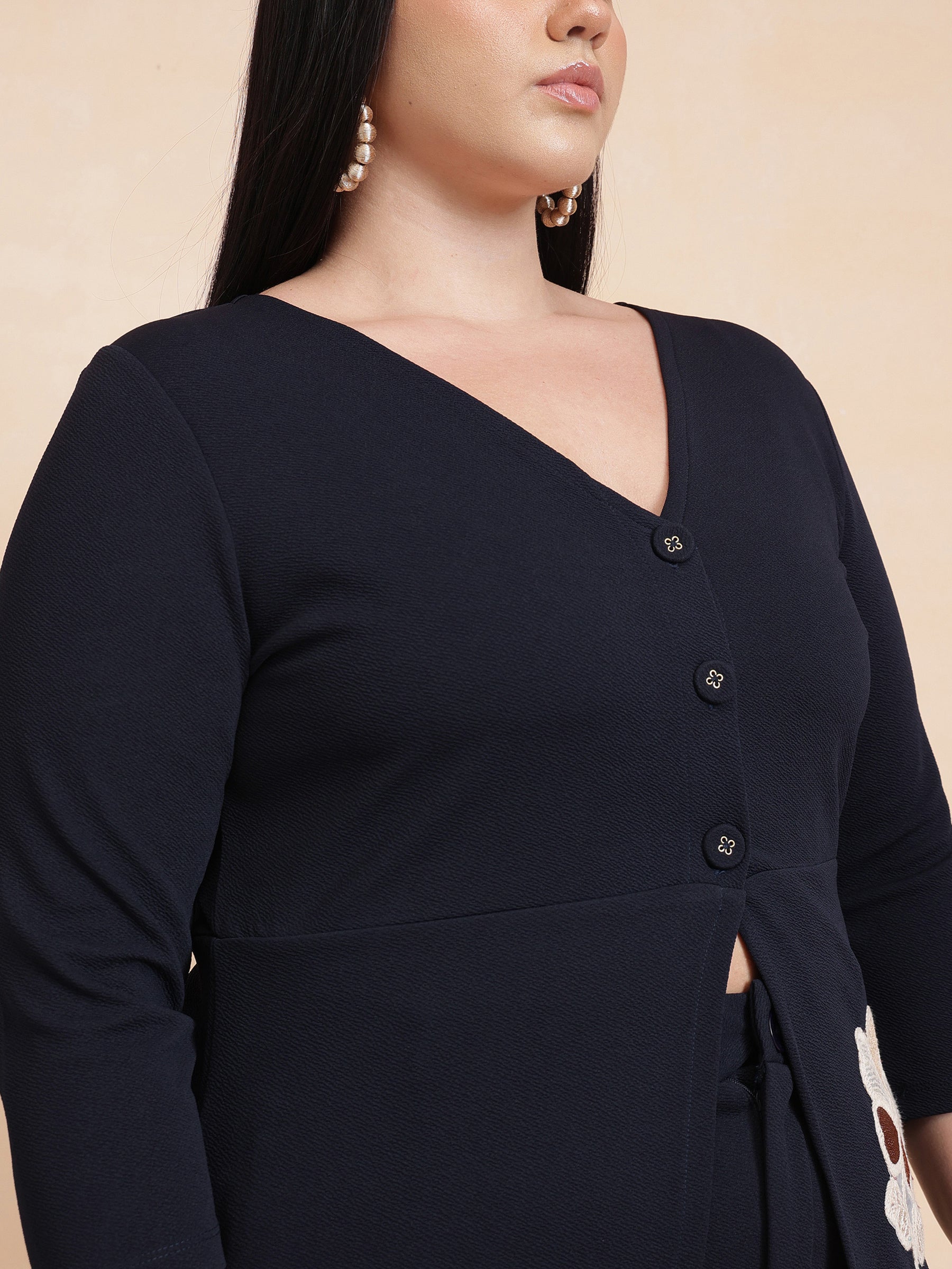 Women Navy Front Button Top With Pants