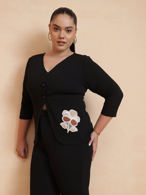 Black Front Button Top With Pants-SASSAFRAS Curve
