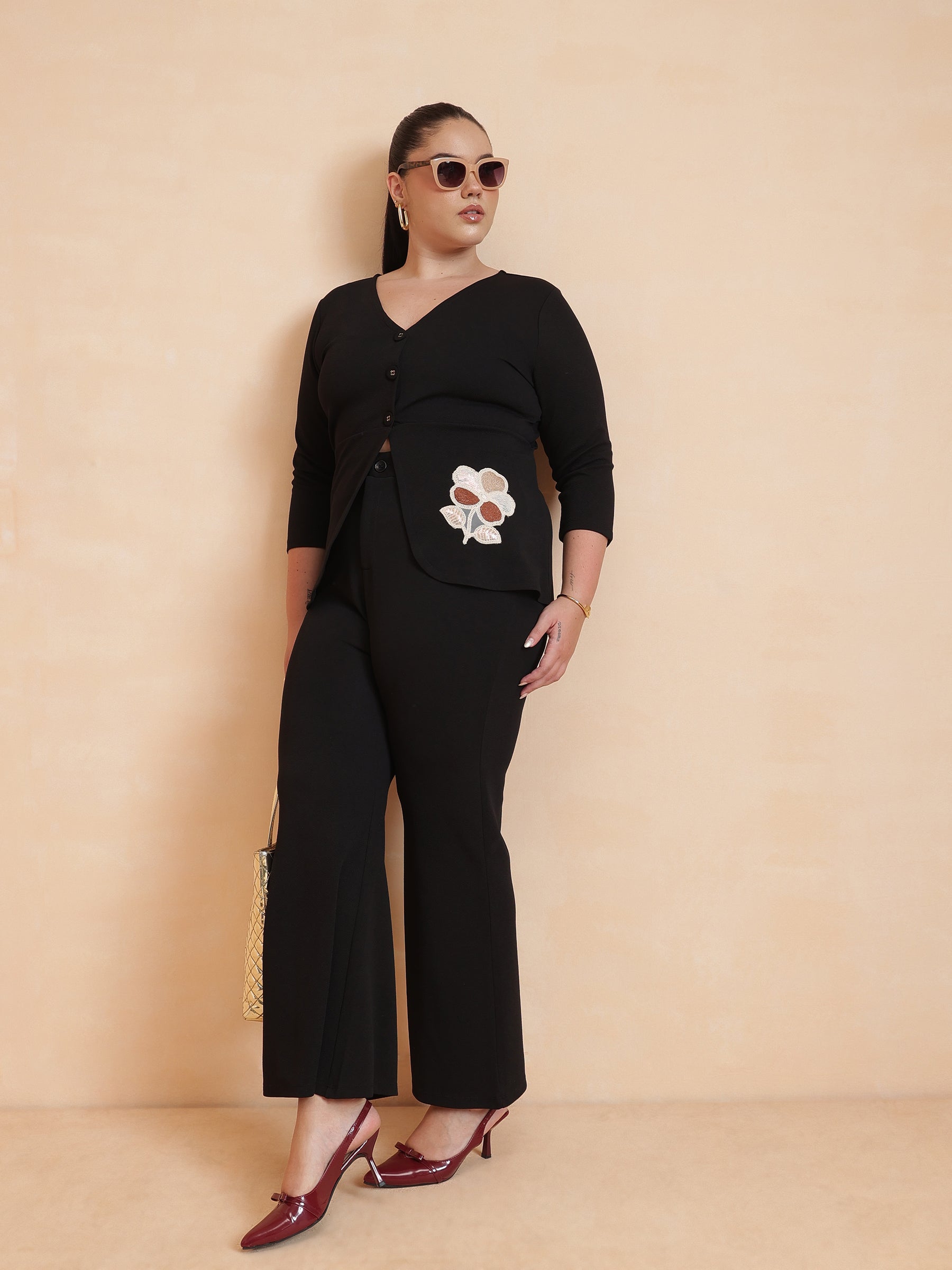 Black Front Button Top With Pants-SASSAFRAS Curve