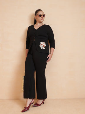 Black Front Button Top With Pants-SASSAFRAS Curve