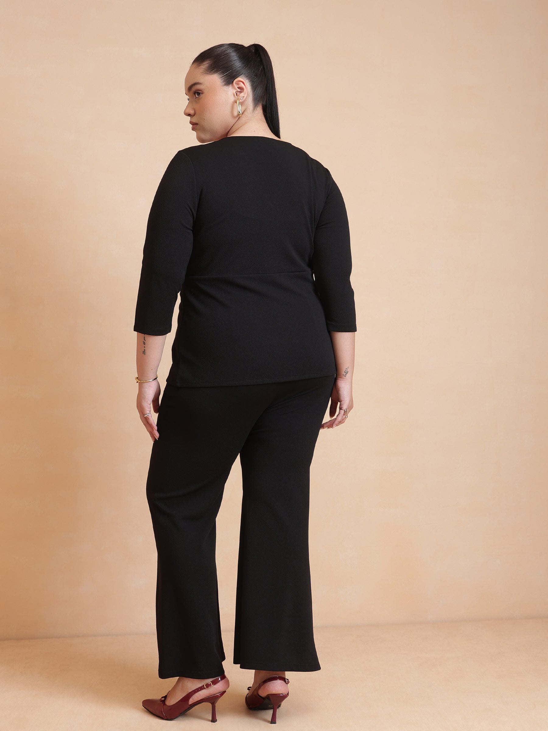 Black Front Button Top With Pants-SASSAFRAS Curve