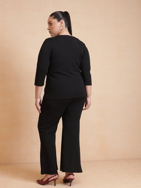 Black Front Button Top With Pants-SASSAFRAS Curve