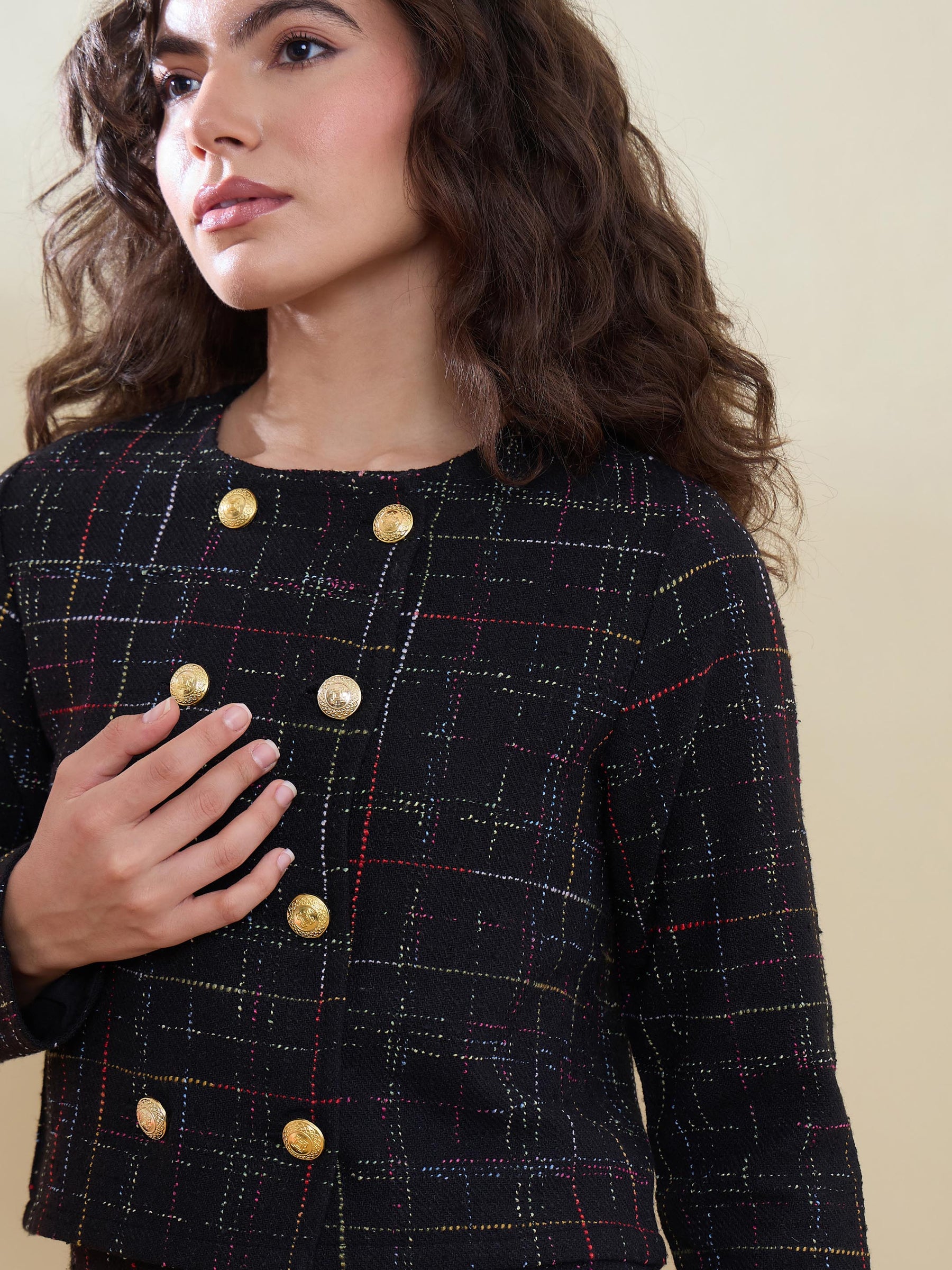 Black Tweed Double Breasted Crop Blazer With Mini Skirt-SASSAFRAS