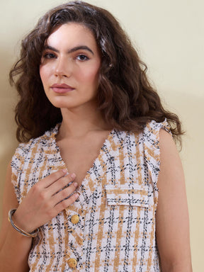 Beige & White Tweed Sleeveless Jacket With Mini Skirt-SASSAFRAS
