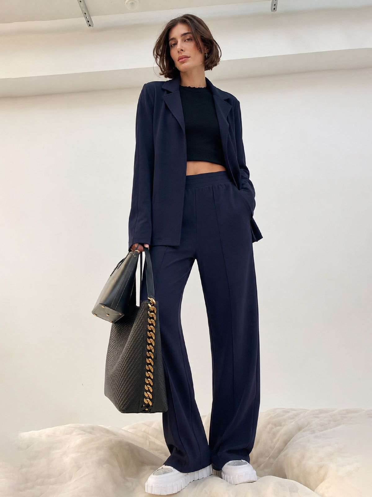Navy Notch Collar Front Open Blazer With Pants-SASSAFRAS