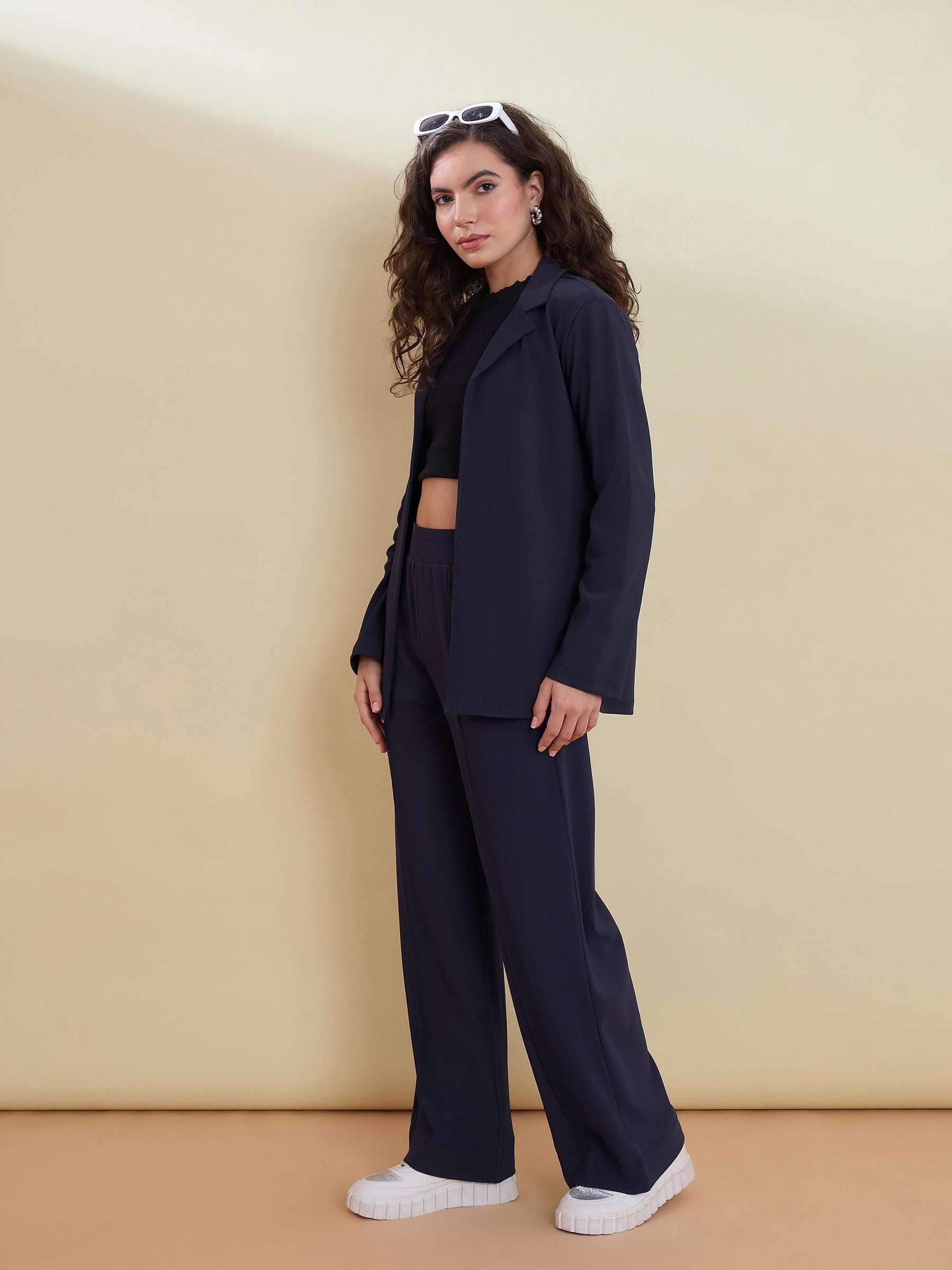 Navy Notch Collar Front Open Blazer With Pants-SASSAFRAS