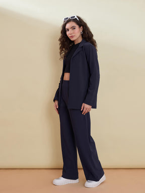Navy Notch Collar Front Open Blazer With Pants-SASSAFRAS