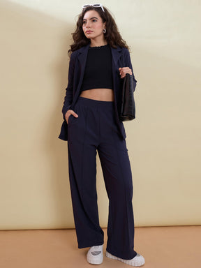 Navy Notch Collar Front Open Blazer With Pants-SASSAFRAS