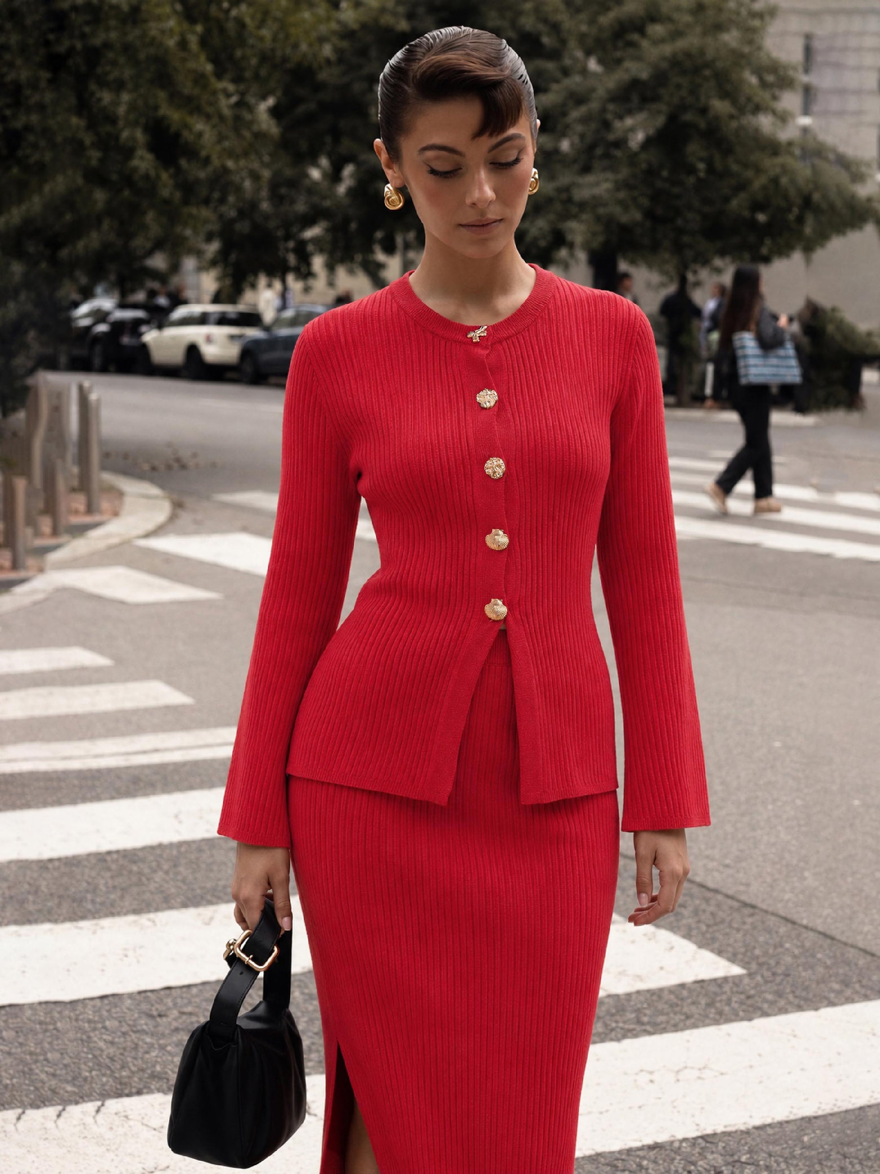 Red Knitted Front Button Top With Maxi Skirt -SASSAFRAS