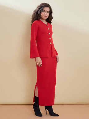 Red Knitted Front Button Top With Maxi Skirt -SASSAFRAS