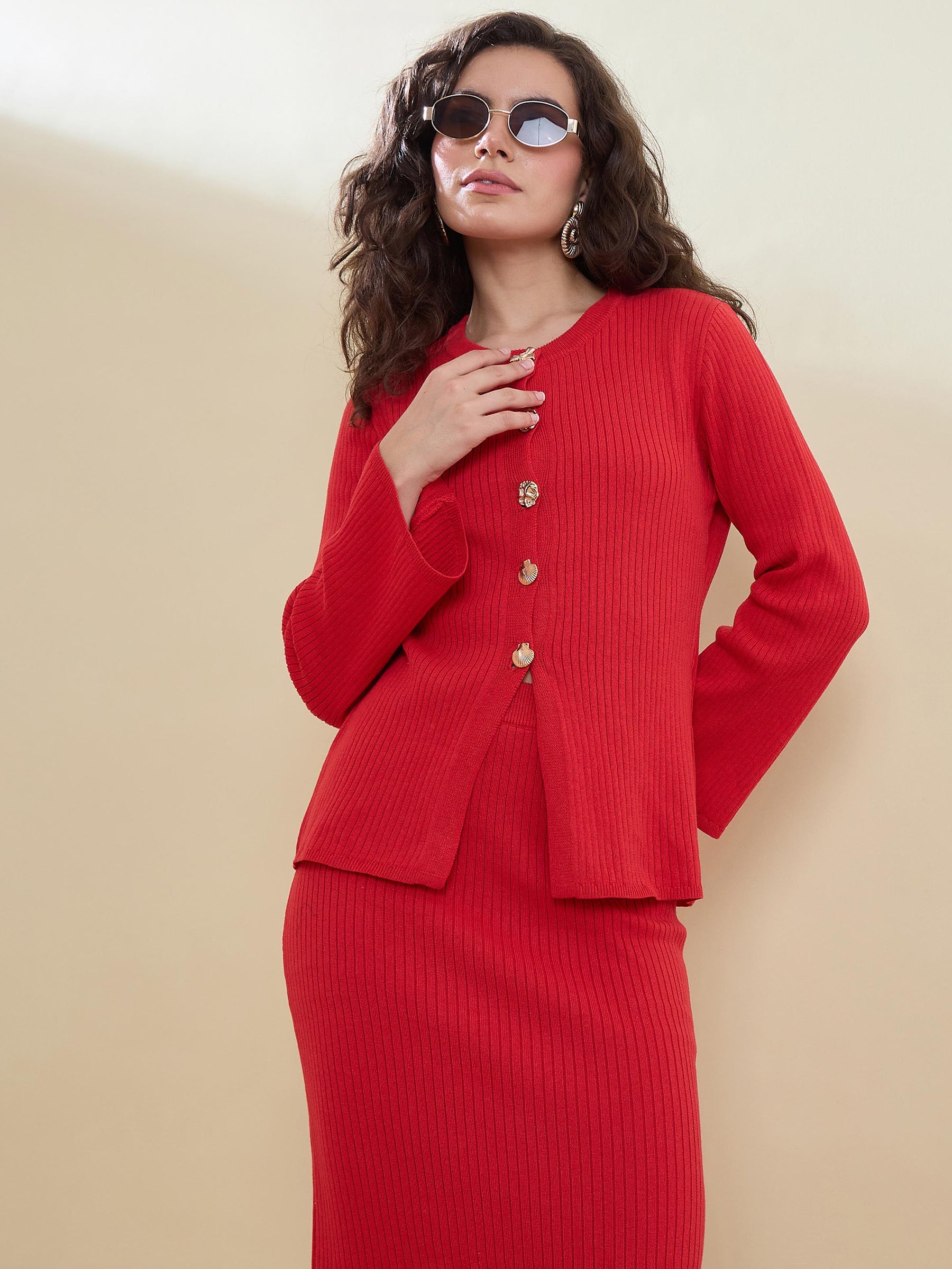 Red Knitted Front Button Top With Maxi Skirt -SASSAFRAS