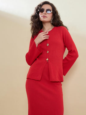 Red Knitted Front Button Top With Maxi Skirt -SASSAFRAS