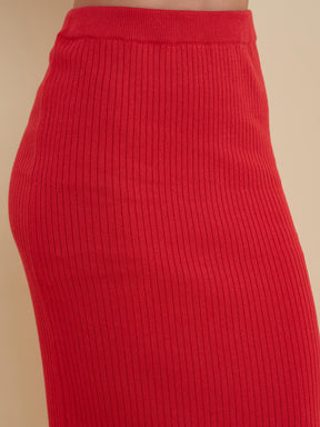 Red Knitted Front Button Top With Maxi Skirt -SASSAFRAS