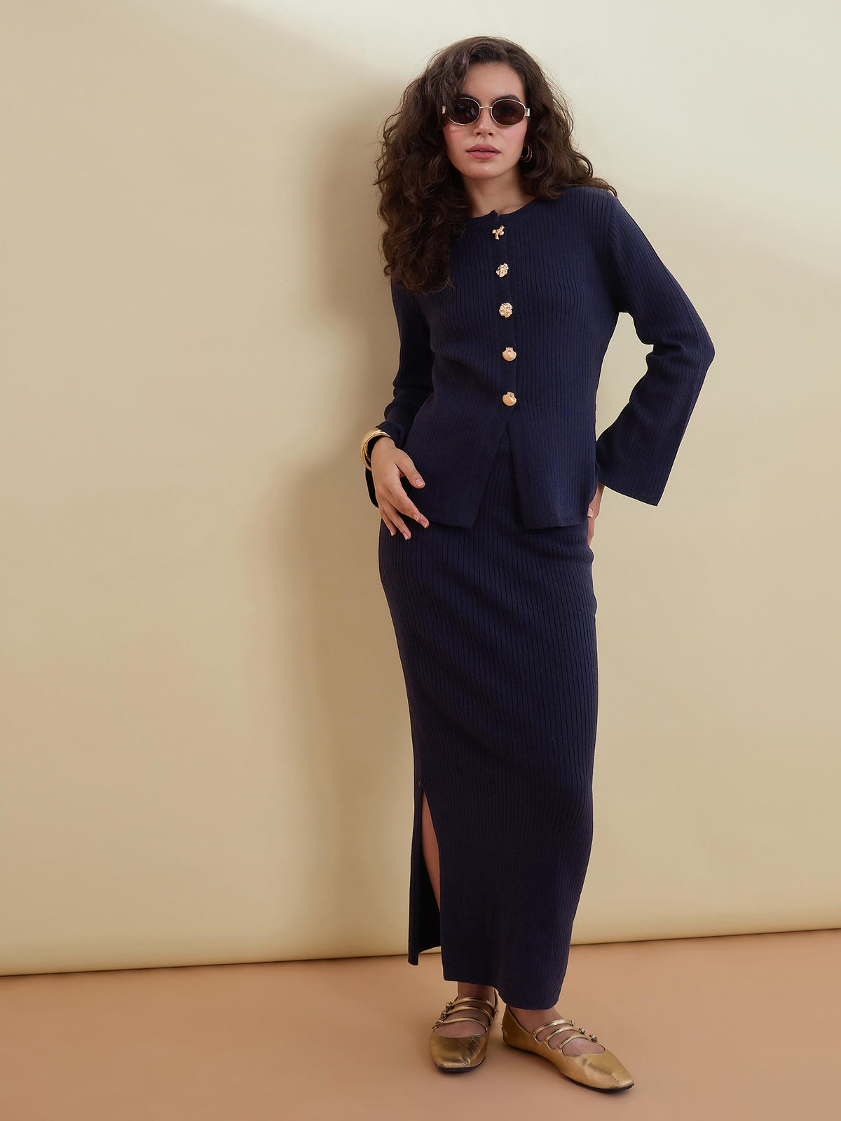 Navy Knitted Front Button Top With Maxi Skirt -SASSAFRAS