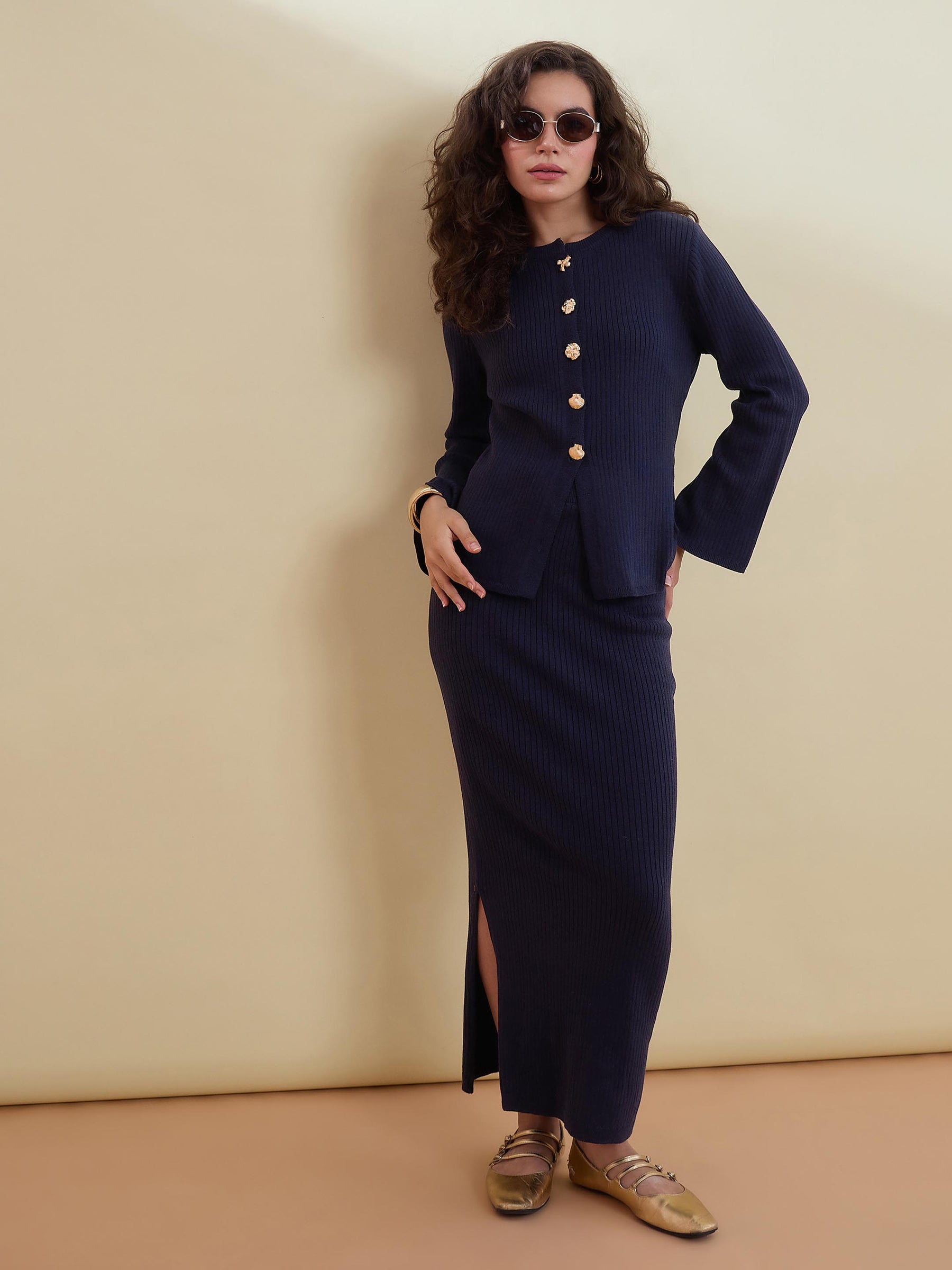 Navy Knitted Front Button Top With Maxi Skirt -SASSAFRAS