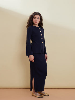 Navy Knitted Front Button Top With Maxi Skirt -SASSAFRAS