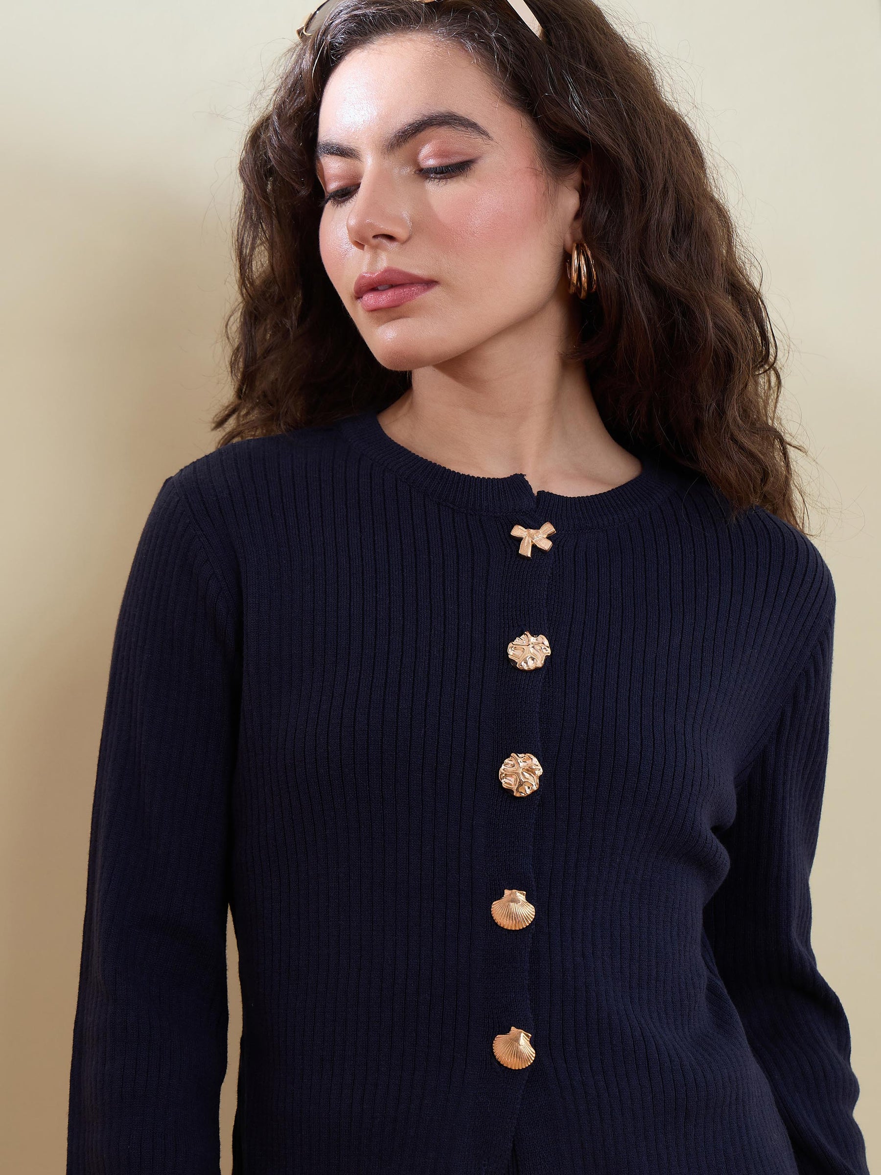 Navy Knitted Front Button Top With Maxi Skirt -SASSAFRAS