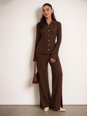Brown Knitted Button Bell Sleeve Top With Slit Pants-SASSAFRAS