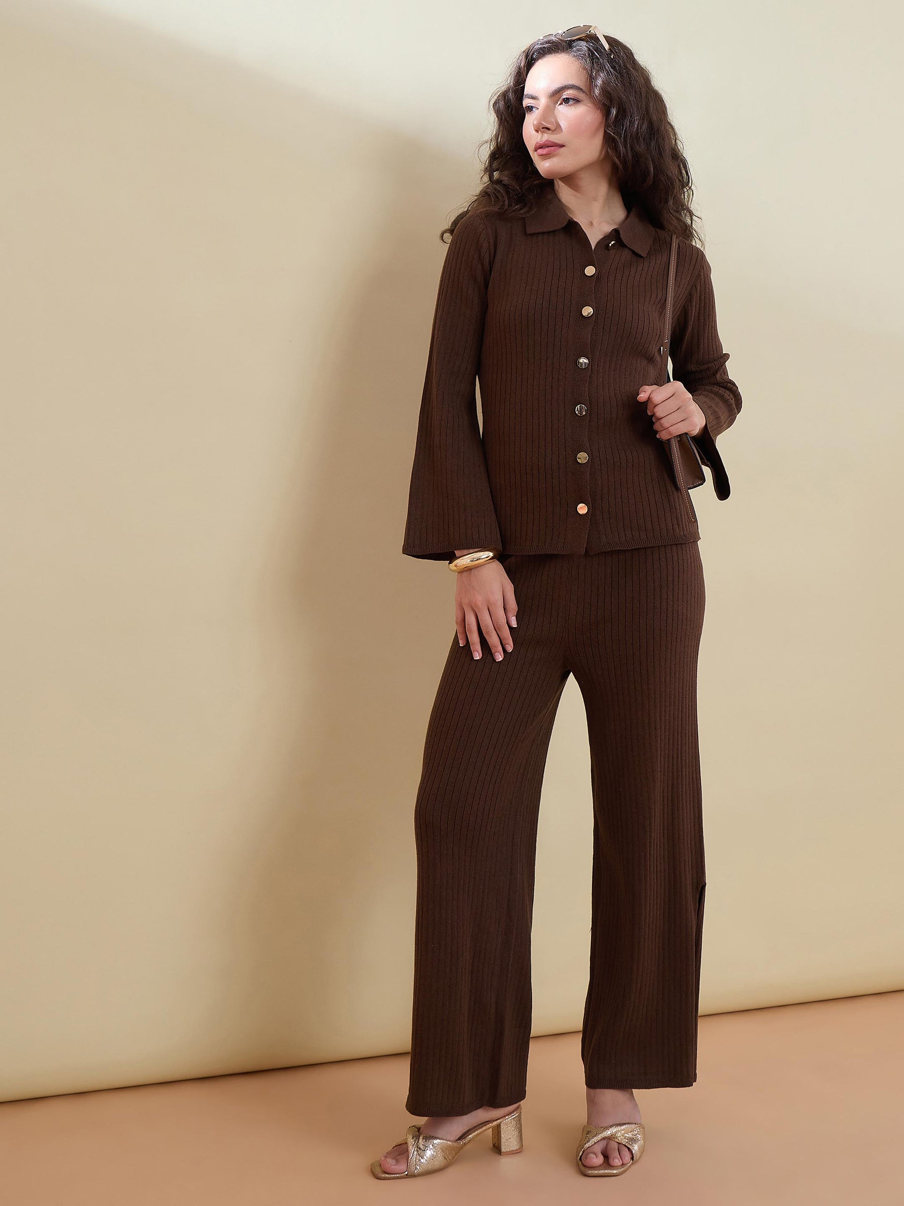 Brown Knitted Button Bell Sleeve Top With Slit Pants-SASSAFRAS