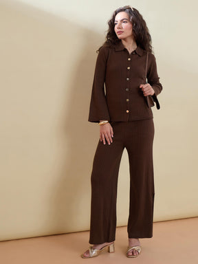 Brown Knitted Button Bell Sleeve Top With Slit Pants-SASSAFRAS
