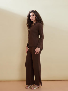 Brown Knitted Button Bell Sleeve Top With Slit Pants-SASSAFRAS