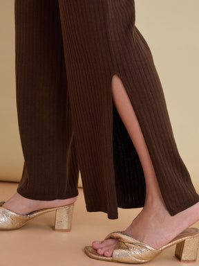 Brown Knitted Button Bell Sleeve Top With Slit Pants-SASSAFRAS