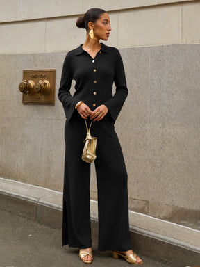 Black Knitted Button Bell Sleeve Top With Slit Pants-SASSAFRAS